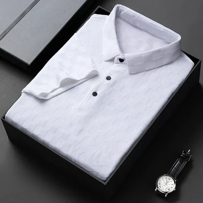 Men's navy jacquard polo shirt classic fit subtle checkered pattern breathable soft-touch fabric