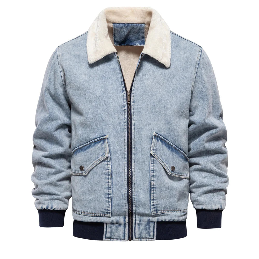 Men's slim fit denim aviator jacket with sherpa lining, vintage wash, fleece-lined lapel collar