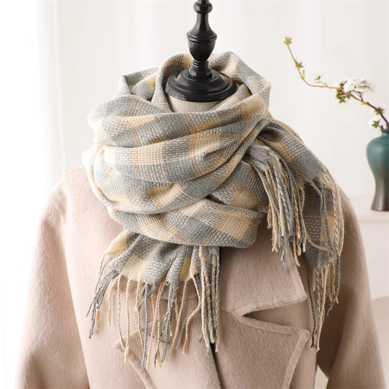 Women's cashmere-blend plaid winter scarf in neutral tones, thick woven pashmina with tassel ends