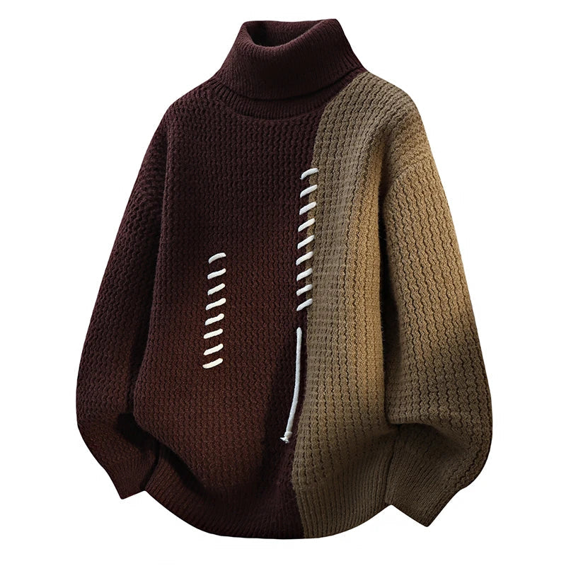 Black white patchwork turtleneck sweater women chunky knit colorblock cozy modern flair