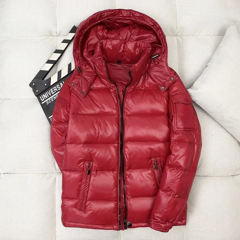 Men's glossy white duck down puffer jacket, ultra-warm insulated outdoor winter coat