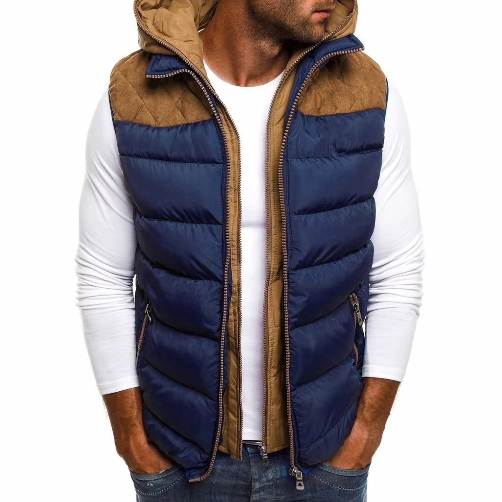 Men's black hooded sleeveless quilted puffer vest with embroidery zip-up lightweight warm street style