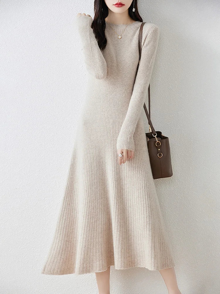 Women's beige ribbed wool knit long sleeve dress minimalist silhouette structured drape