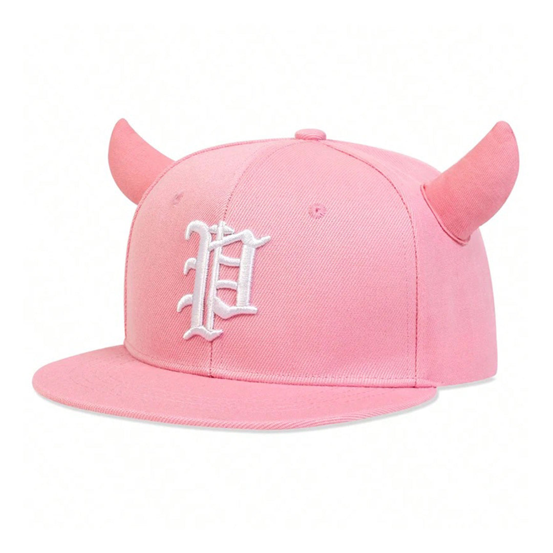 Black structured snapback hat with horned detail and gothic "Philly" embroidery for streetwear