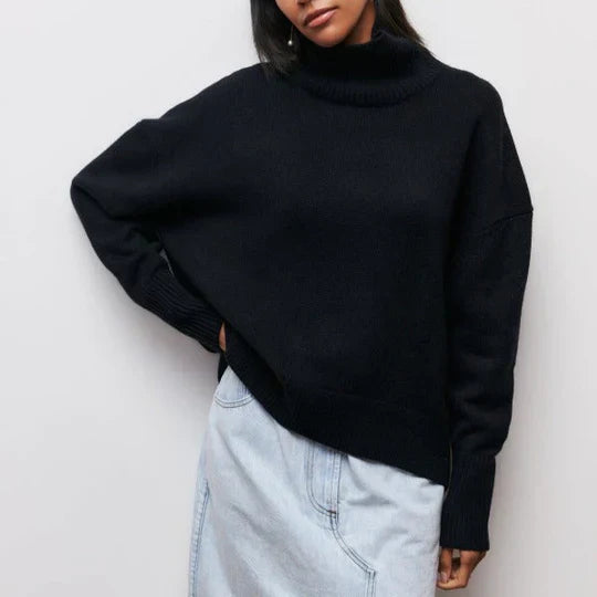 Women's cozy turtleneck sweater warm winter knit high neck elegant silhouette cold weather staple
