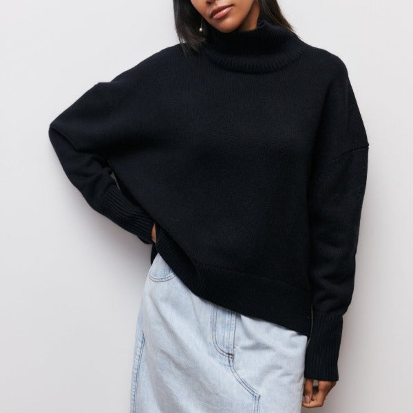 Women's relaxed fit turtleneck sweater in winter tones with high neckline for effortless modern style