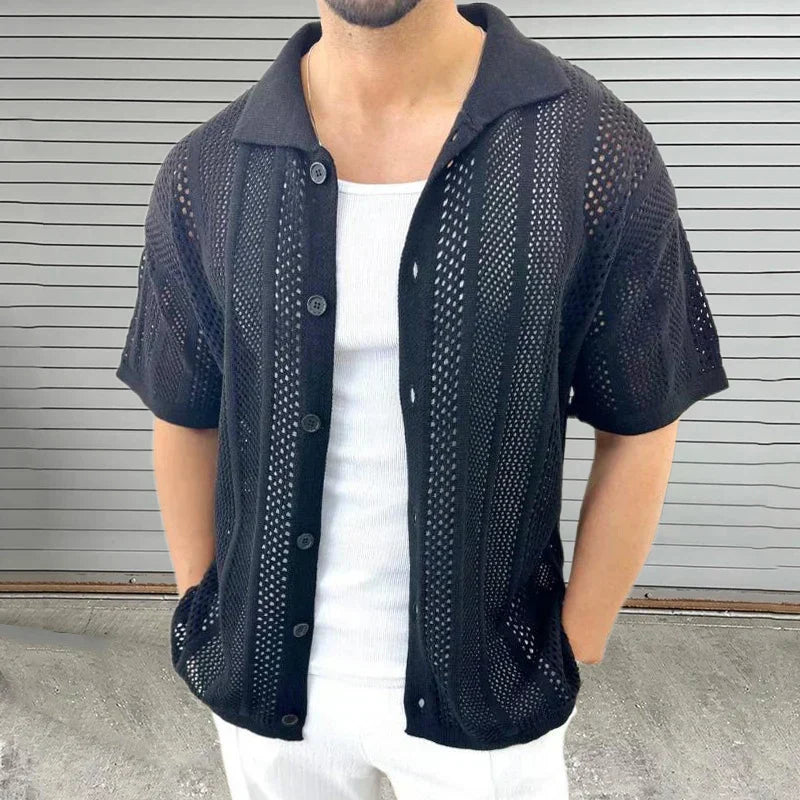 Men's vintage open-knit cotton blend shirt breathable hollow-out texture casual summer style