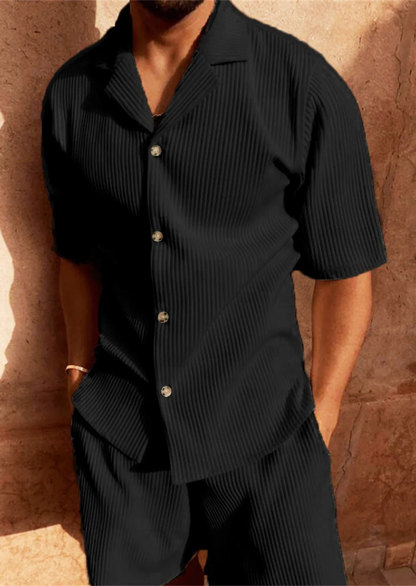 Men's brown corduroy 2-piece short set with stretchy shorts and short-sleeve shirt for summer