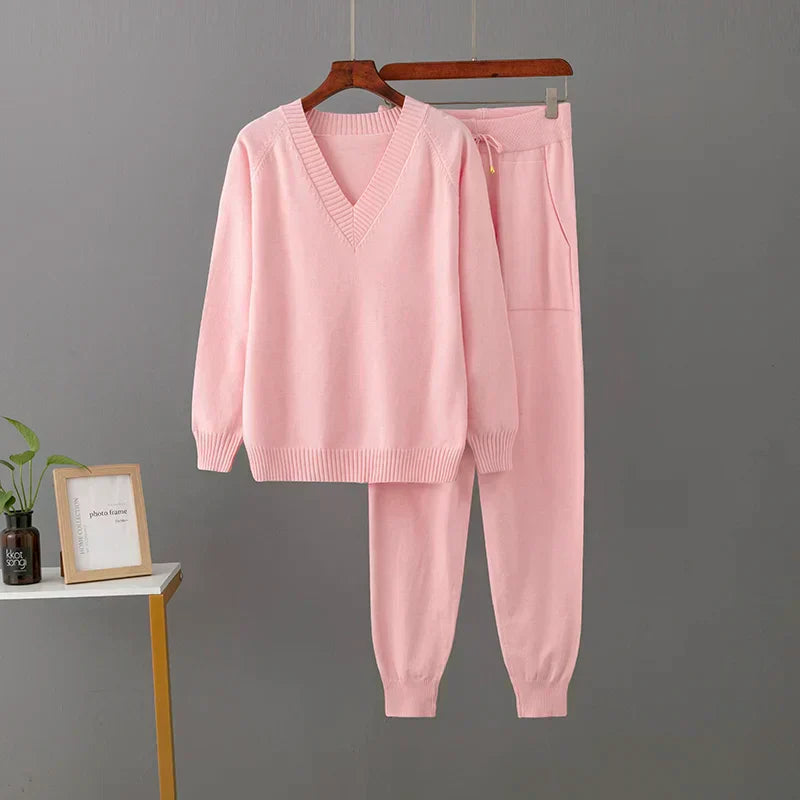 Women's luxury two-piece casual set neutral tones relaxed fit coordinated top and pants everyday wear