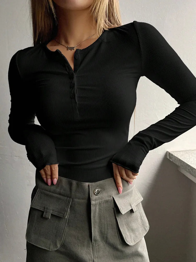 Women's ribbed knit henley top slim fit long sleeve minimalist soft sweater yarn fabric