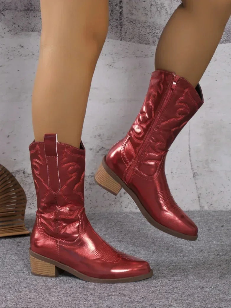 Women's brown leather knee-high heeled boots elegant Western style with sleek smooth finish