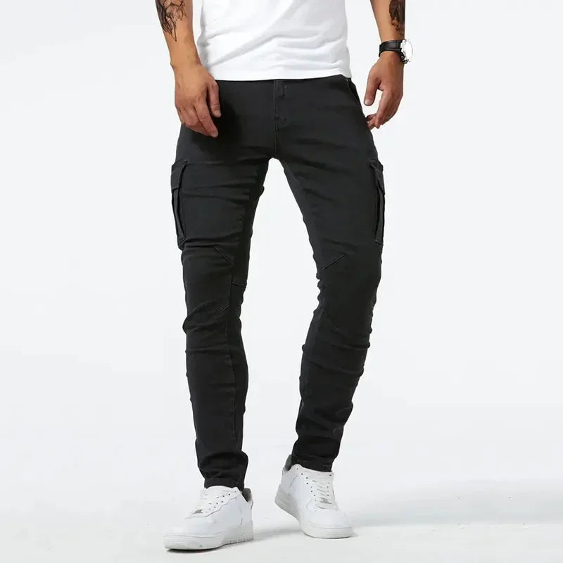 Unisex tapered stretch denim jeans in classic blue with ribbed paneling and tailored seams for street style