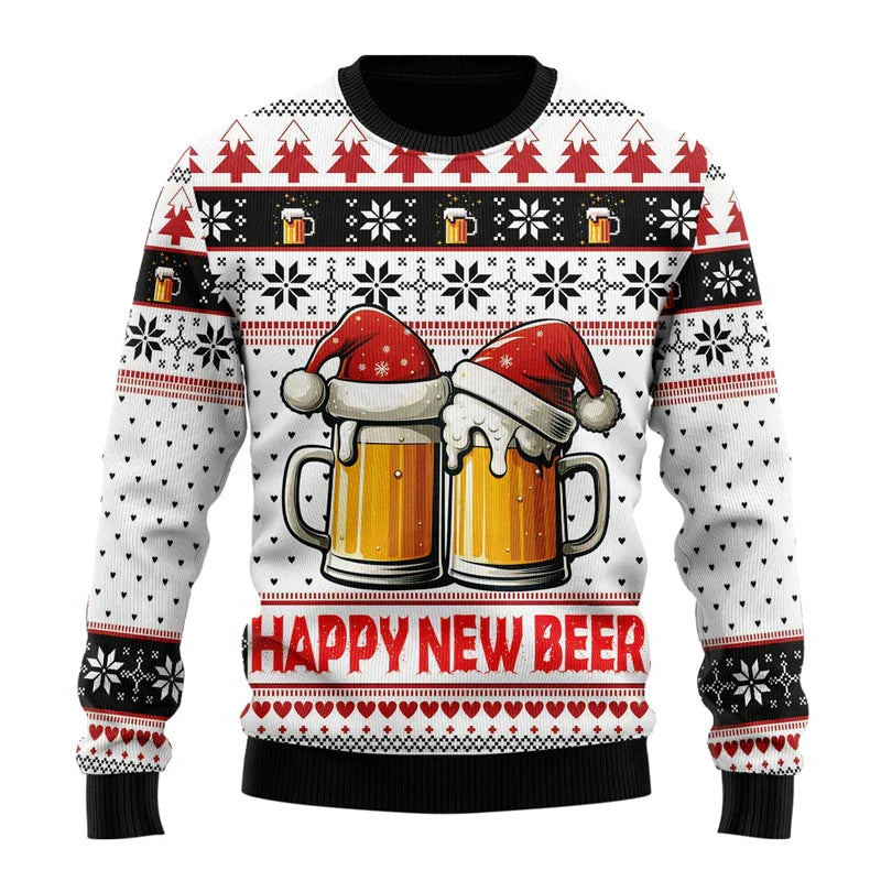 Men's red cozy Christmas sweater with funny festive holiday print, relaxed fit winter pullover
