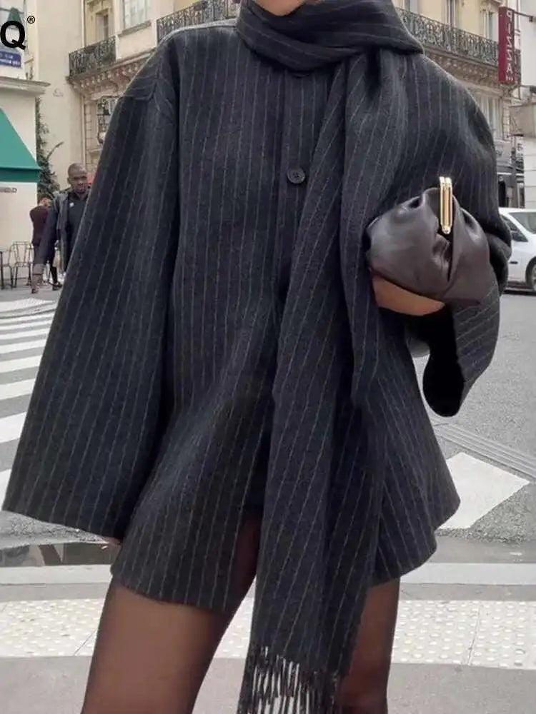 Women's short wool jacket relaxed fit multicolor stripes with matching scarf cozy winter essential