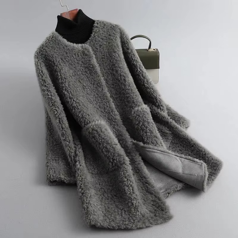 Women's mid-length faux lamb fur coat cardigan open-front plush outerwear warm winter style
