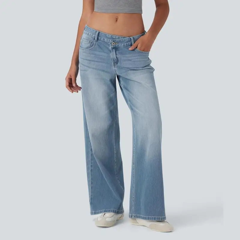 Women's baggy wide-leg jeans low-rise fit with asymmetric zipper pockets in classic denim