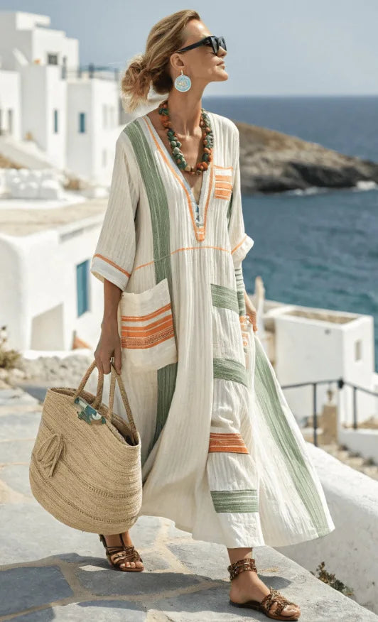 Women's striped v-neck maxi dress lightweight relaxed silhouette with side pockets seaside style