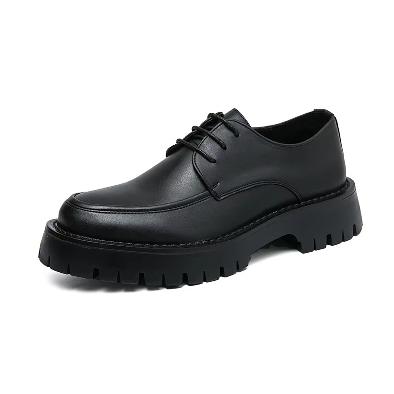 Men's black platform leather loafers slip-on formal dress shoes with thick rubber sole for business