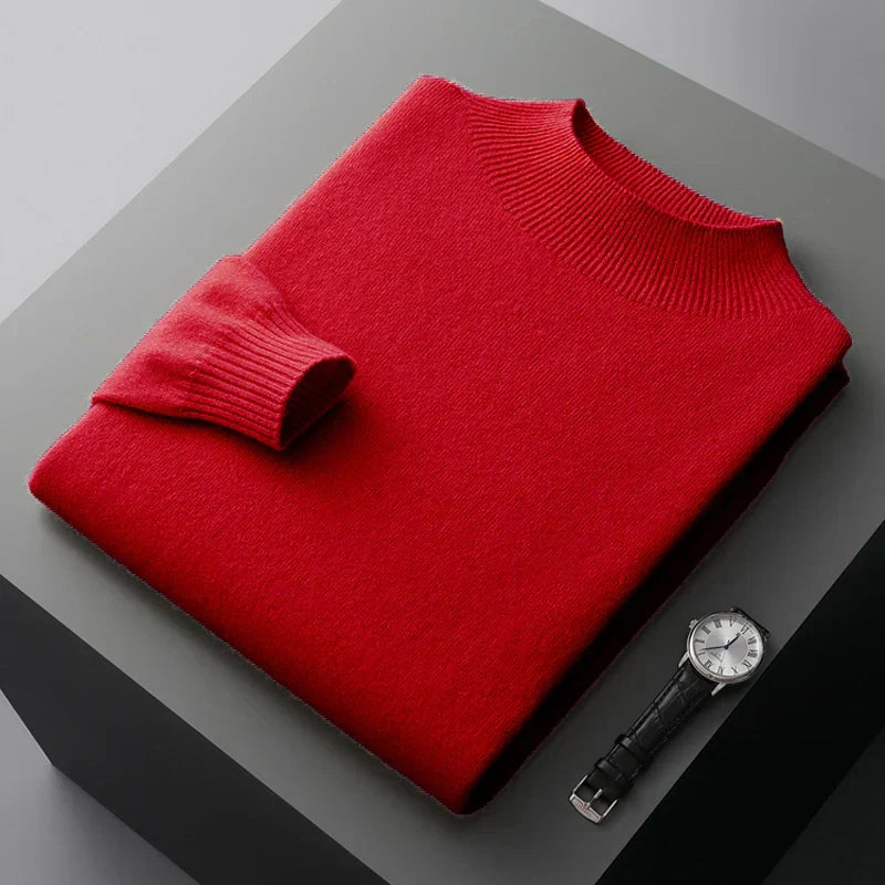 Men's wool knit sweatshirt regular fit semi-turtleneck ribbed cuffs winter style