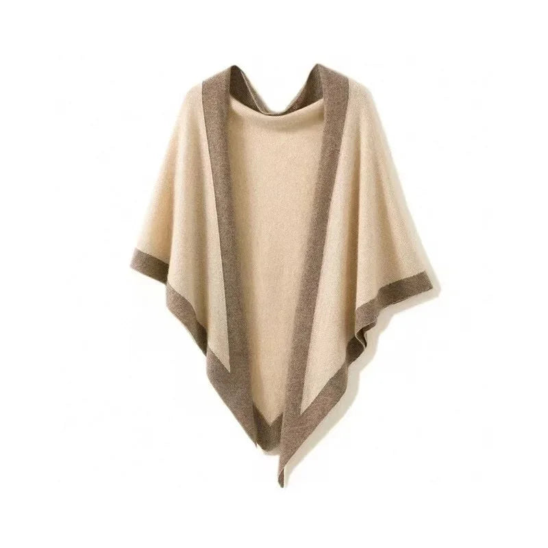 Women's wool blend relaxed poncho triangular open front with bold contrast border hip length