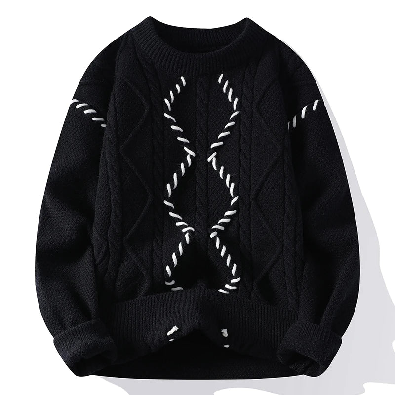 Beige cable knit crewneck sweater diamond pattern unisex midweight ribbed trim casual fit