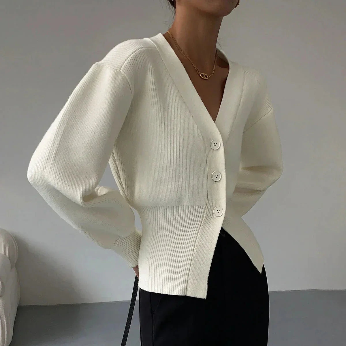 Beige unisex ribbed-cuff knit sweater lightweight breathable everyday casual semi-formal versatile fit