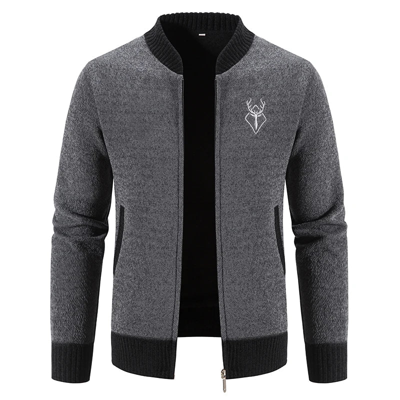 Men's navy blue zip-up knit bomber jacket with ribbed trim, full zip closure, and chest emblem