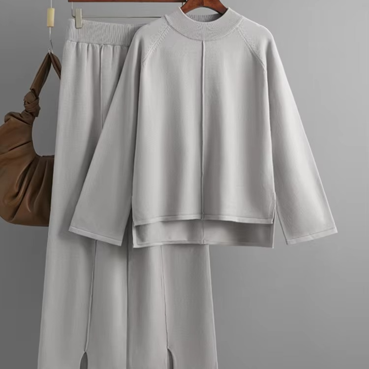 Women's cozy knit two-piece set, wide leg pants and sweater, soft acrylic blend casual style