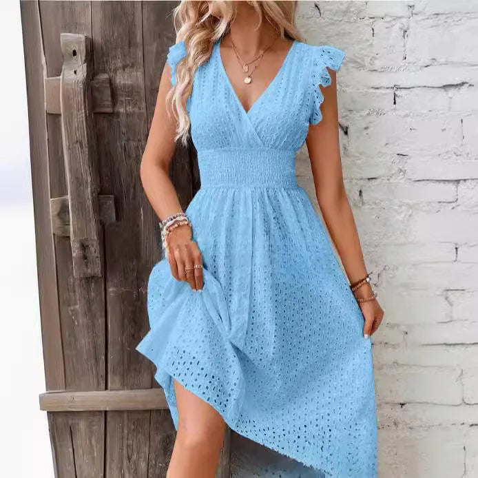 White eyelet A-line summer dress with smocked waist and V-neck, lightweight breathable vacation beach style