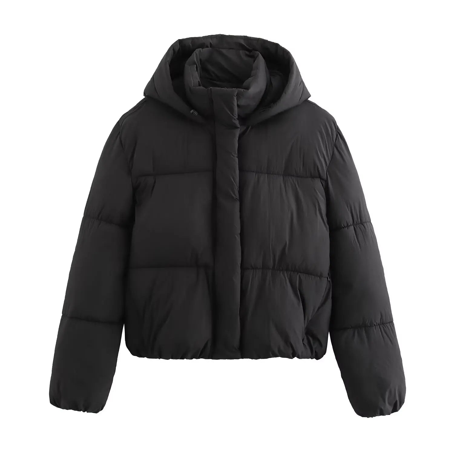 Women's cropped puffer jacket with hood, lightweight modern winter style in a sleek silhouette