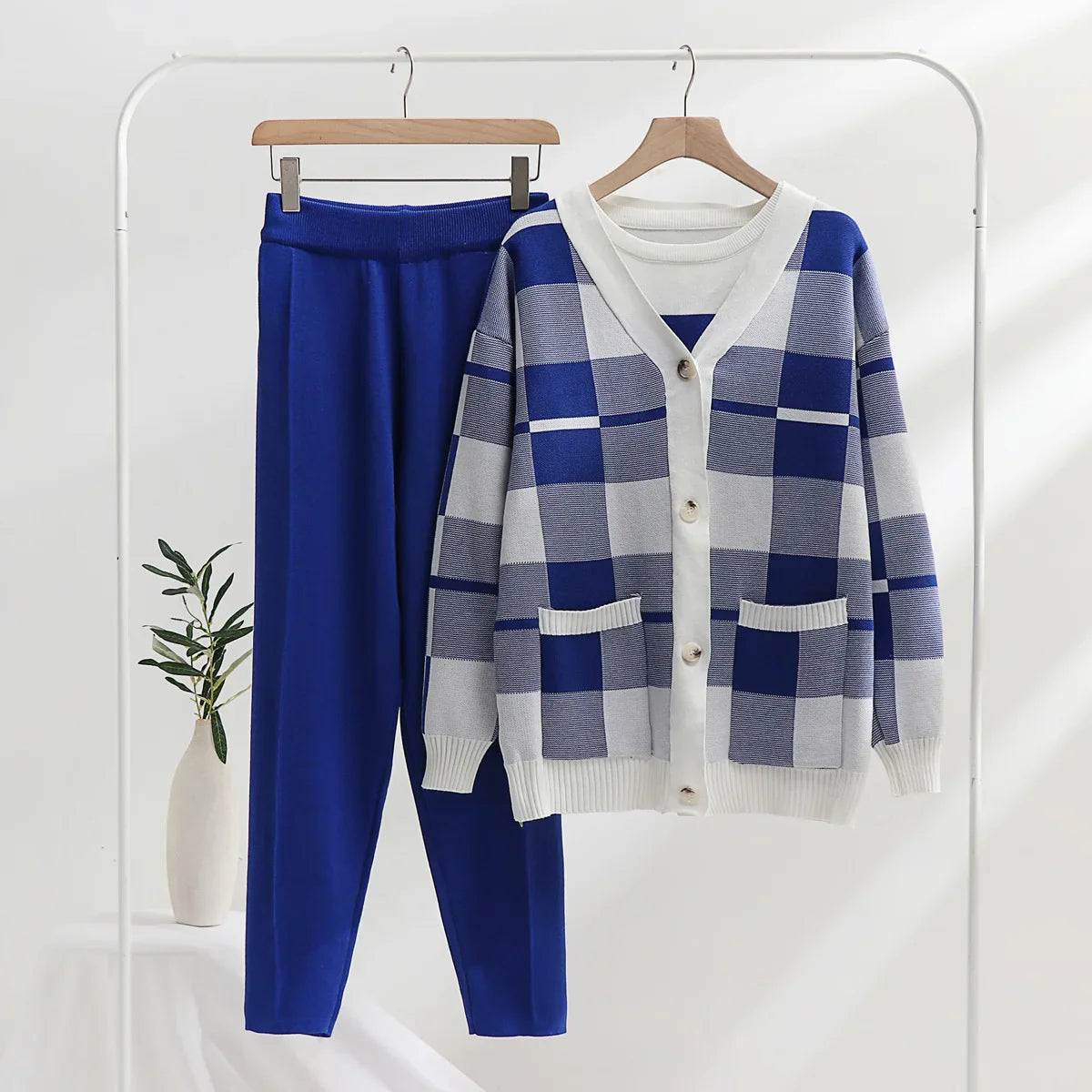 Women's plaid soft knit 3-piece lounge set cardigan tank top pants coordinated comfort outfit