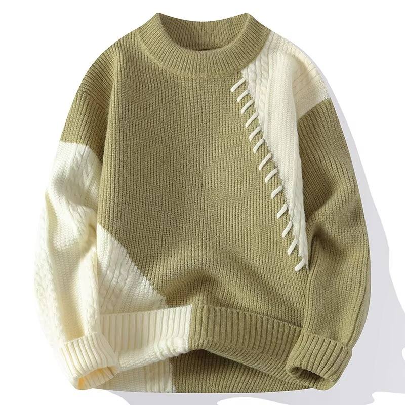 Men's patchwork knit crew neck pullover sweater with contrast diagonal panels and decorative stitching
