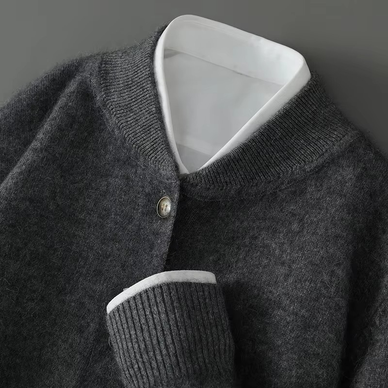 Men's mink cashmere cardigan sweater relaxed fit stand collar business casual luxurious warmth