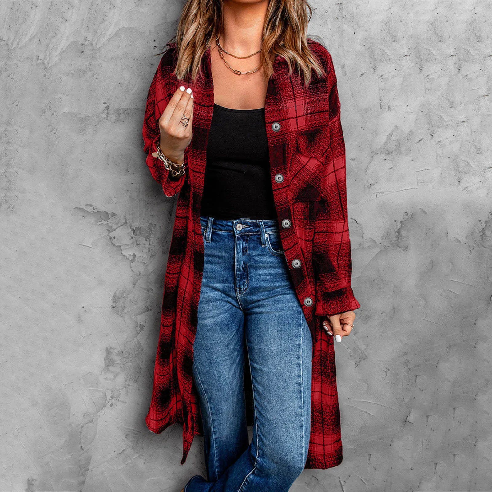 Women's plaid longline flannel coat lightweight raglan sleeves button-down cozy layering piece