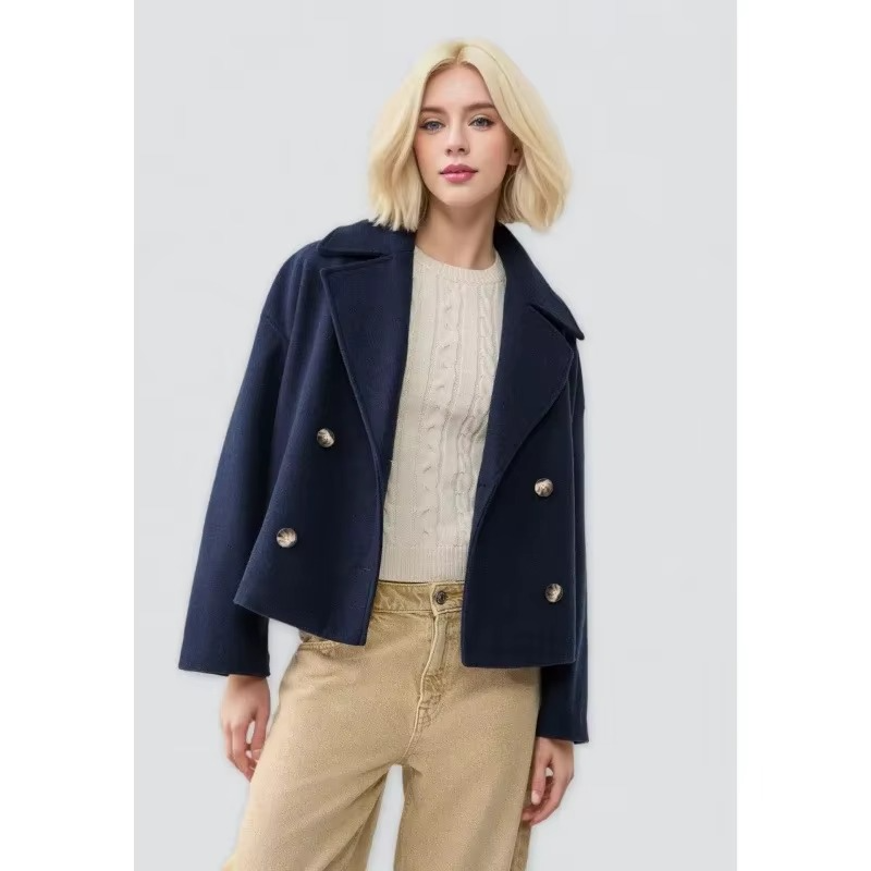 Women's short wool blend coat double button front turn-down collar chic autumn outerwear