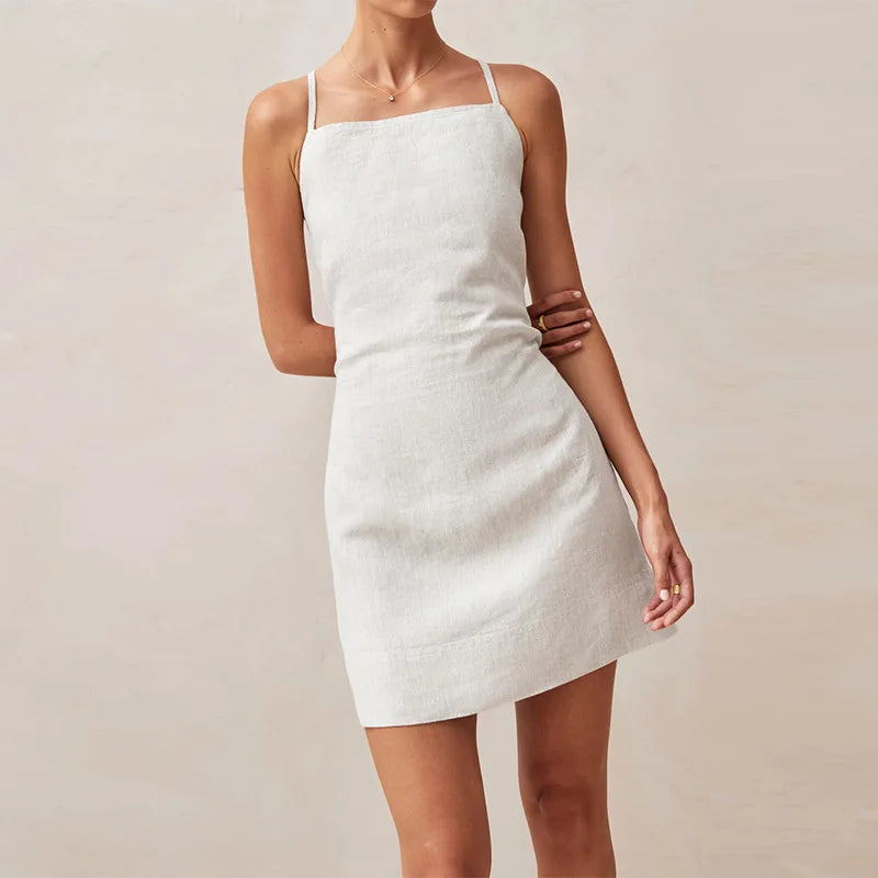 Alexa linen blend mini dress open back adjustable fit casual summer style women