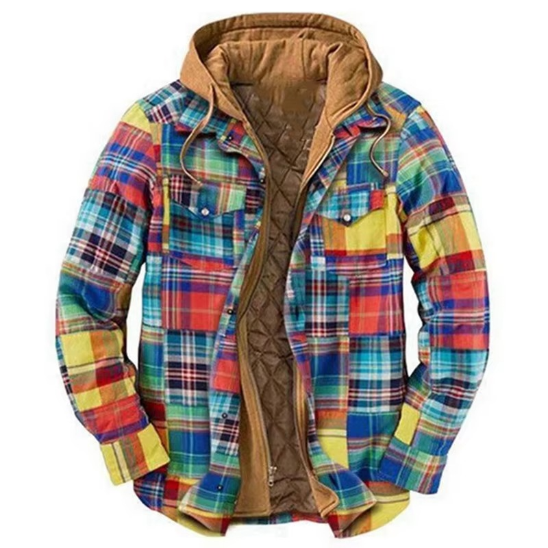 Men's patchwork checkered hooded jacket thick cotton coat with American flag design casual fit