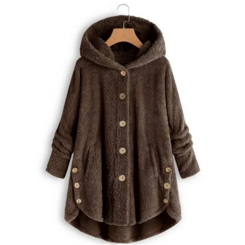 Women's hooded fleece jacket relaxed fit button-front closure plush texture side pockets casual warmth