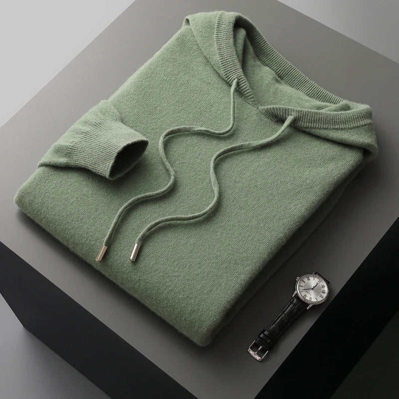 Men's 100% cashmere hoodie classic fit soft luxury knit in neutral tone everyday wear