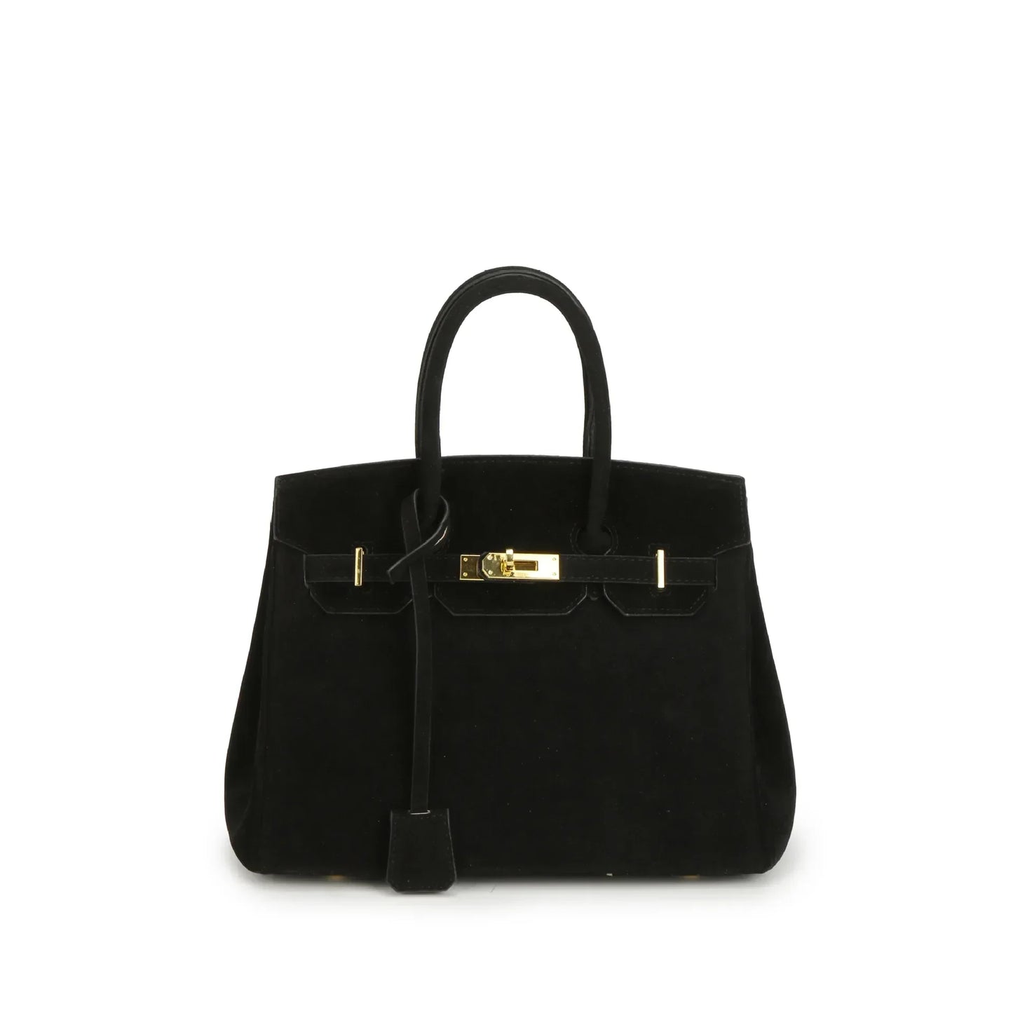 Kelly structured suede shoulder bag with gold hardware, elegant vintage-inspired luxury design