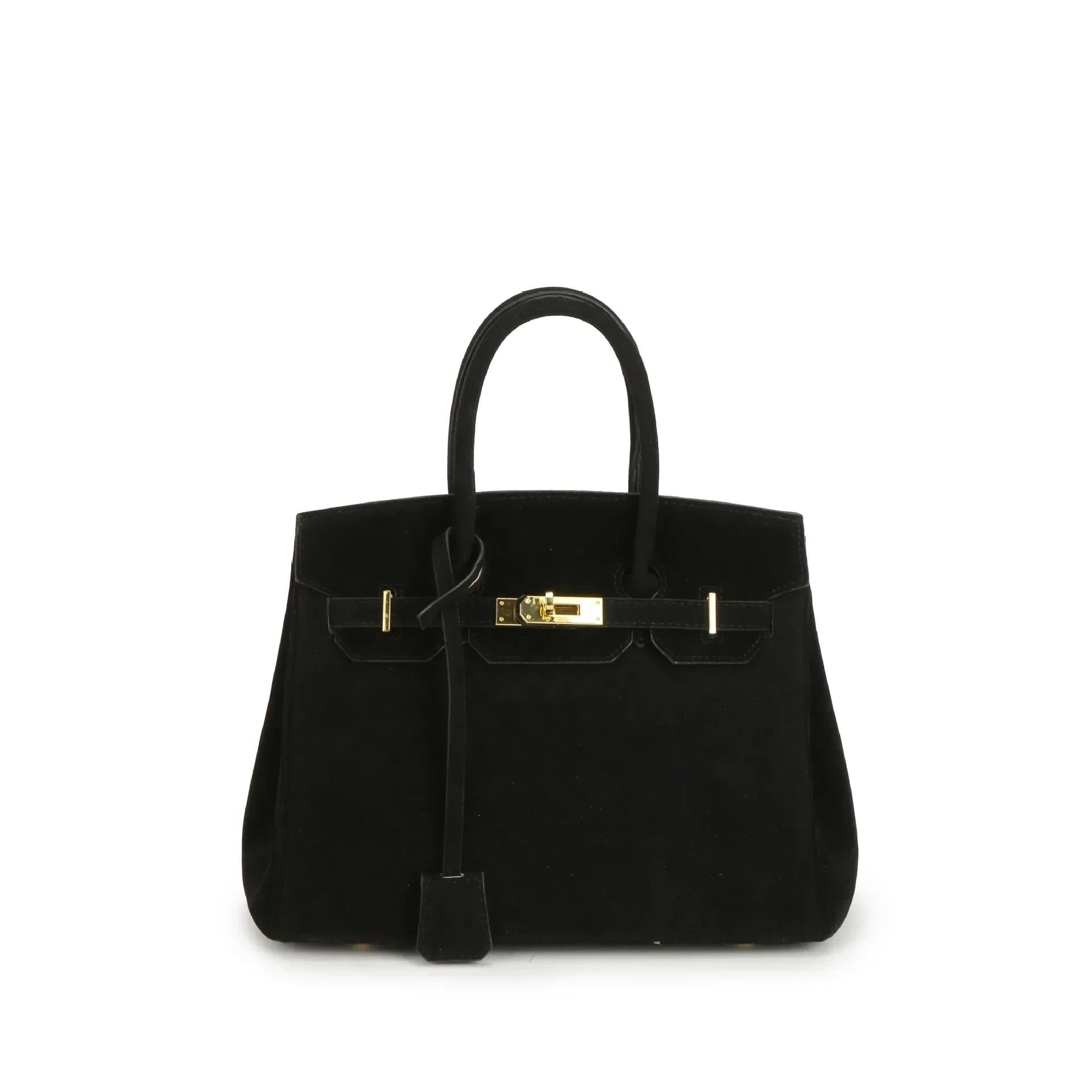 Kelly structured suede shoulder bag with gold hardware, elegant vintage-inspired luxury design
