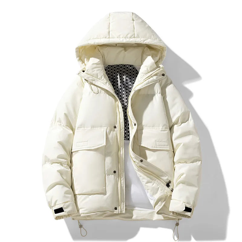 Men's black waterproof hooded winter jacket, windproof slim fit outerwear for cold weather