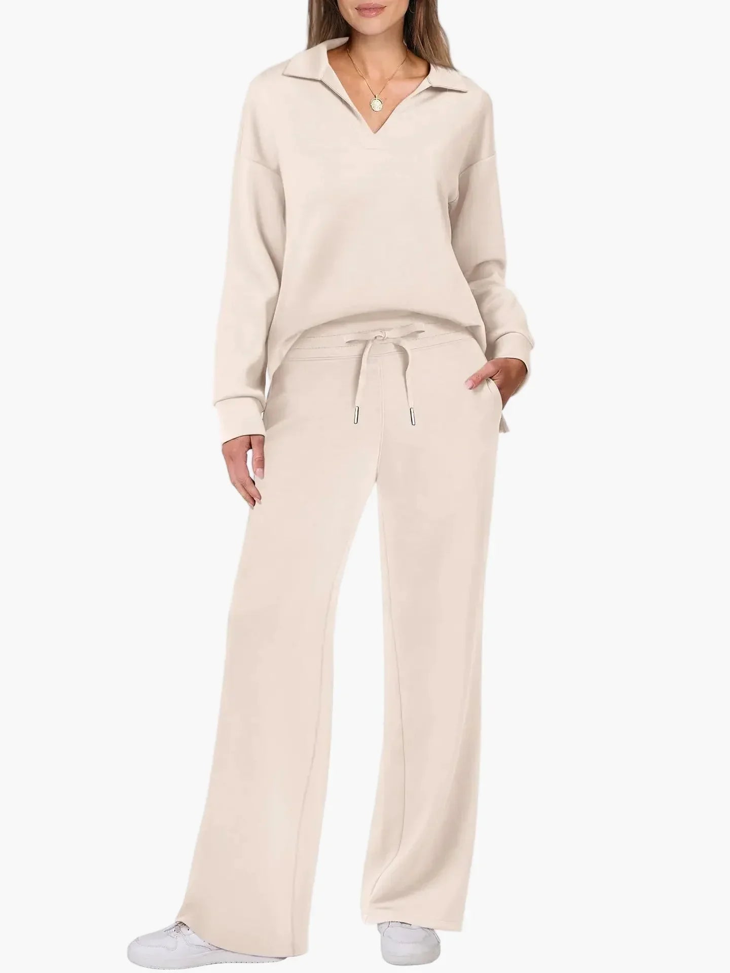 Women's sage green wide-leg lounge set with V-neck collar top and drawstring pants travel-ready