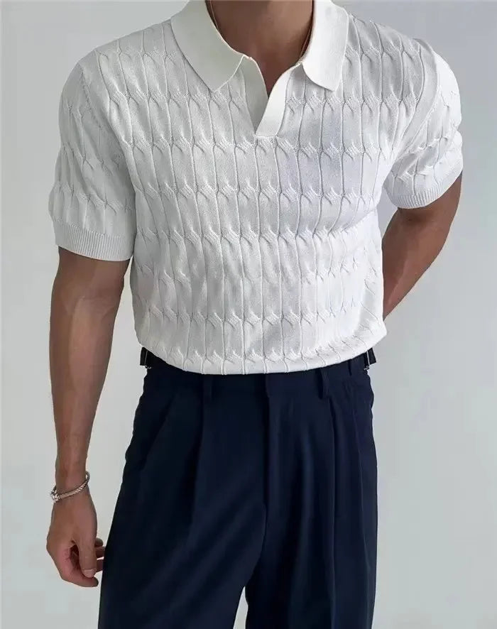 Men's slim fit polo shirt breathable stretch knit lightweight V-neck collar casual business style