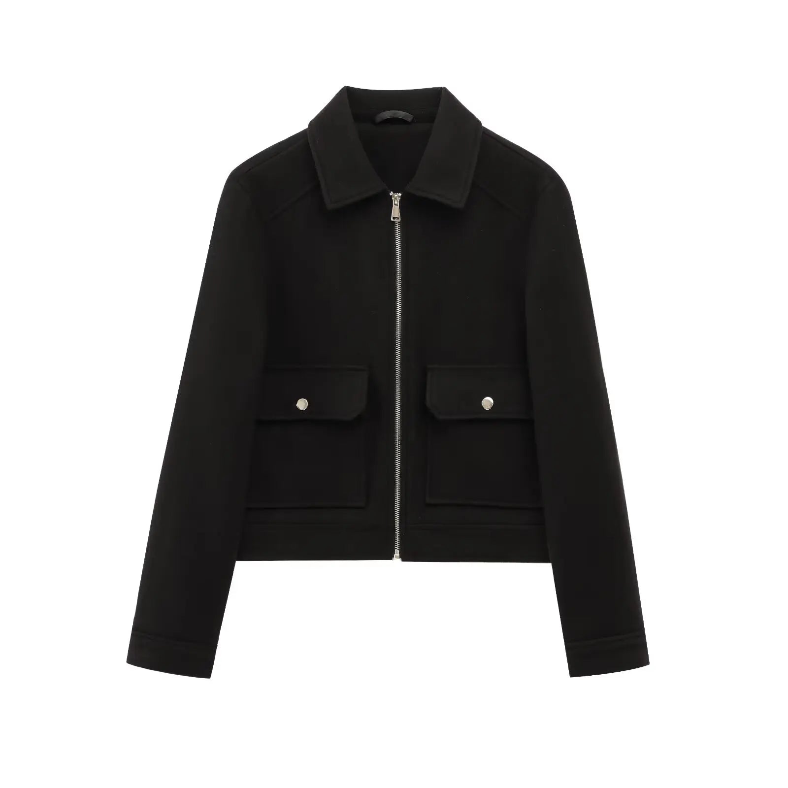 Women's cropped bomber jacket lapel collar zip front flap pockets sleek casual outerwear