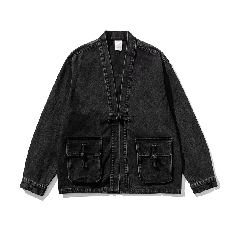 Men's vintage blue denim kimono jacket with front pockets, relaxed Chinese-inspired streetwear silhouette