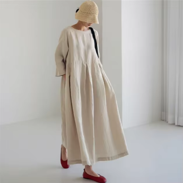Plus size cotton linen maxi dress women loose fit breathable lightweight spring summer casual pullover