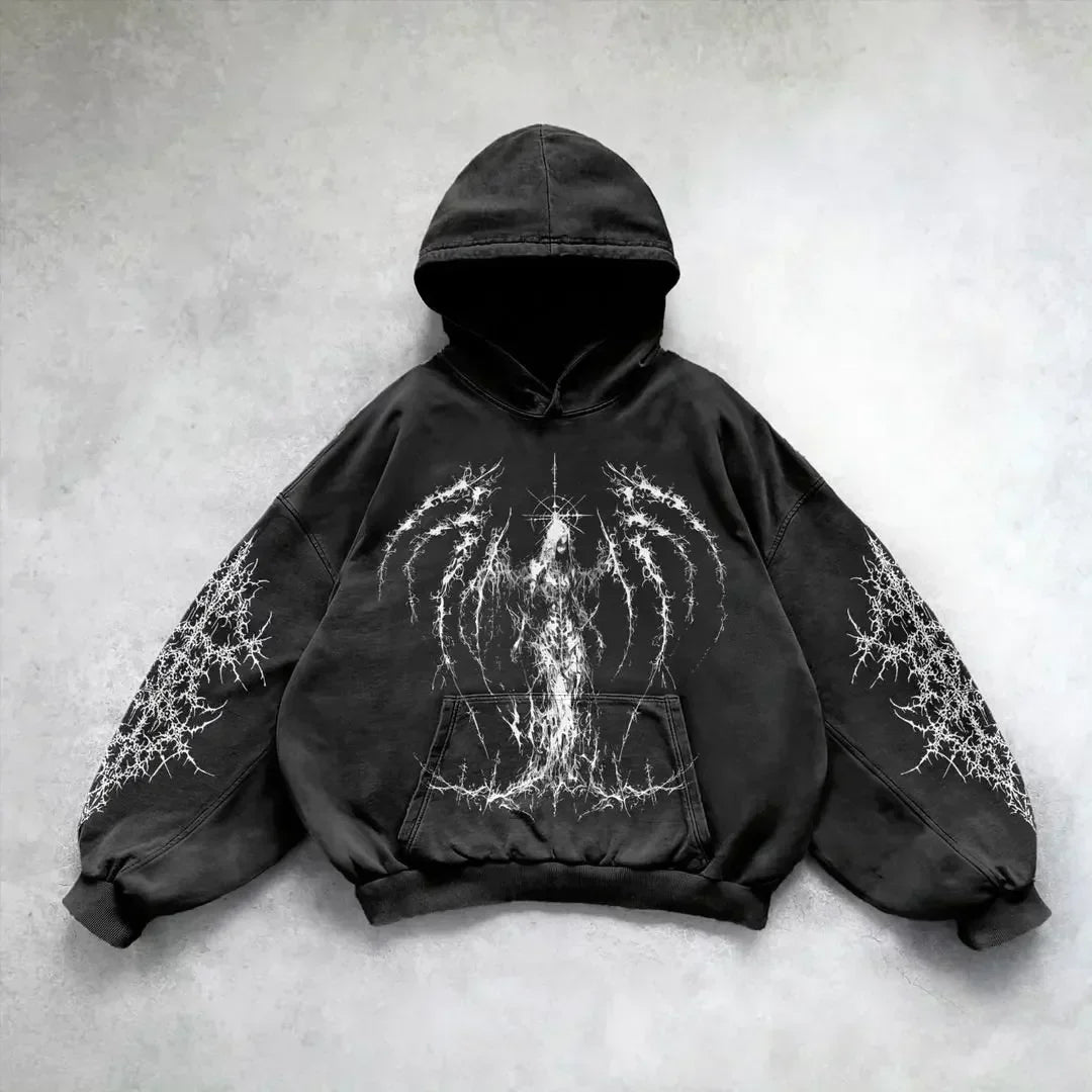 Washed gray hoodie premium cotton vintage gravure finish relaxed streetwear silhouette retro style