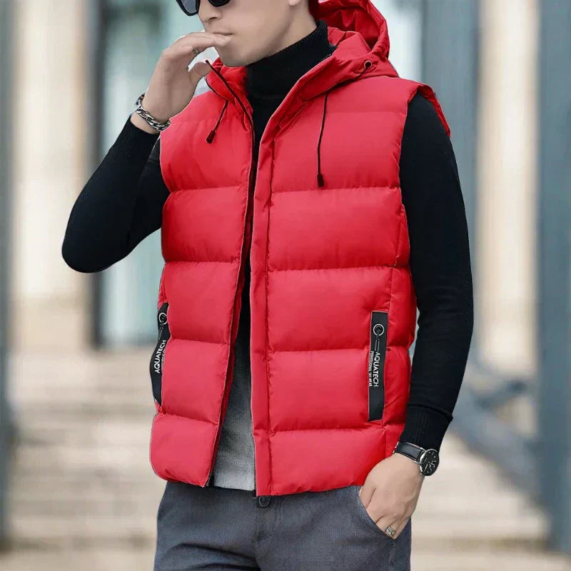 Men's slim fit quilted vest hooded insulated design with zipper pockets, modern urban style
