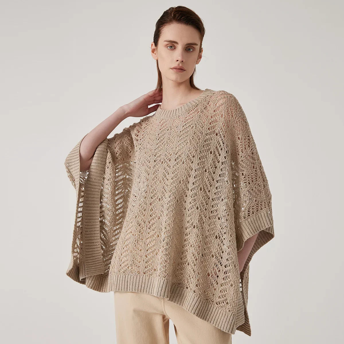 Women's ivory linen crochet top relaxed fit open weave knit with subtle sequin accents